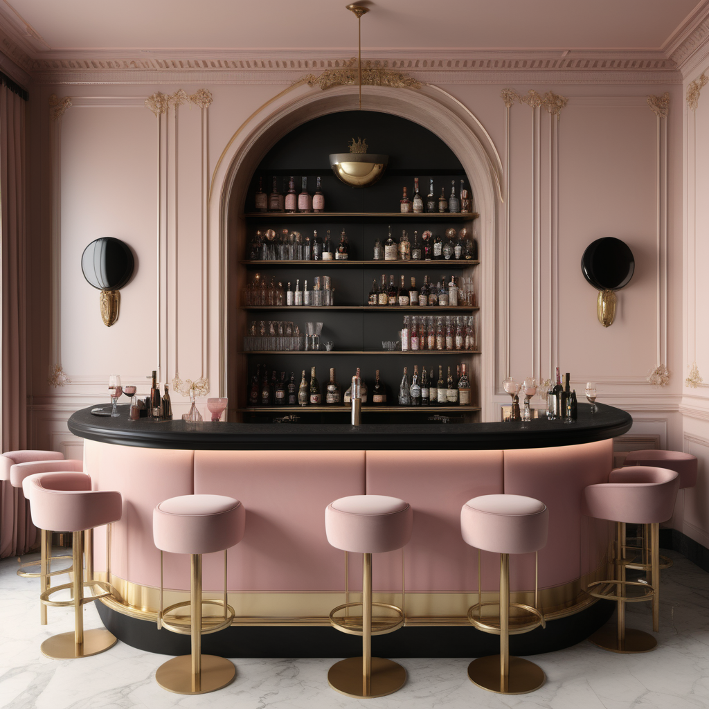 a hyperrealistic image of a palatial Modern Parisian   Bar in a beige oak brass dusty pink and black colour palette