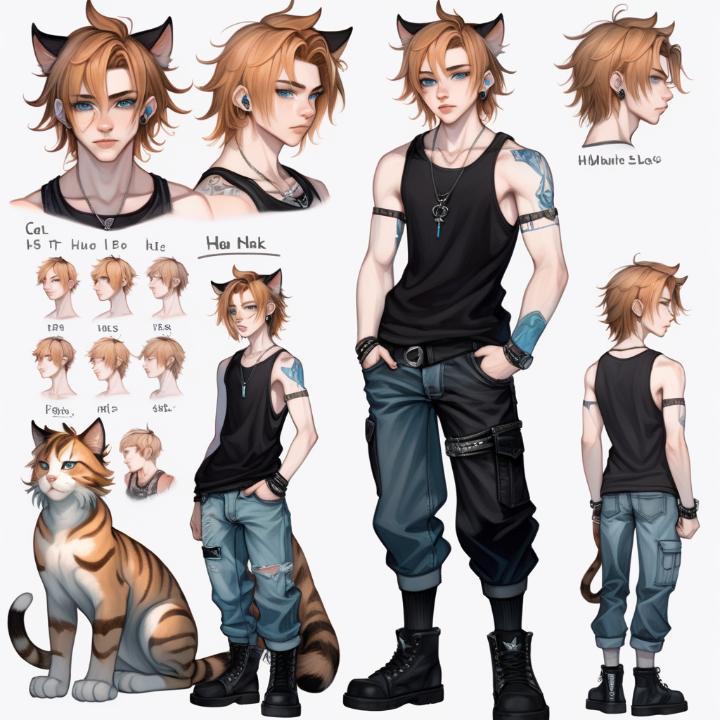human cat boy with pale skin and hazel hair short long hair masculine buff feminine, has scars and piercings on his cat ears, has light blue cloudy eyes, has a lip piercing and a scar across the center of his nose,wearing a black tanktop with baggy pants and boots, full body reference sheet 