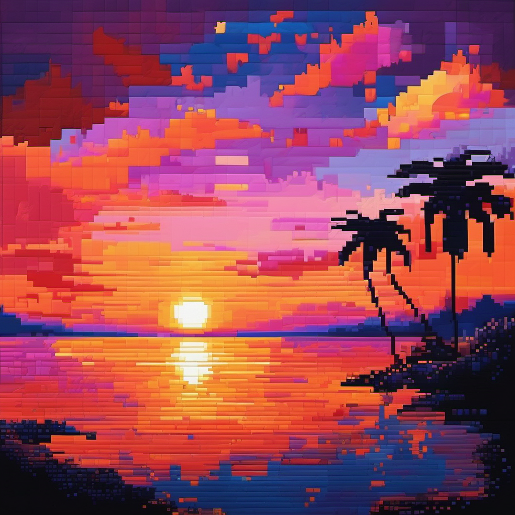 A breathtakingly beautiful pixelated sunset painting, every pixel bursts with vibrant hues of oranges, pinks, and purples, creating a mesmerizing blend of colors. The pixelation adds a modern twist and lends a unique charm to the image, giving it a digital art feel. The meticulous attention to detail makes this piece stand out, with each pixel carefully placed to create a seamless and visually stunning composition. This high-quality artwork captures the majestic beauty of a serene sunset, immersing viewers in its tranquil atmosphere and evoking a sense of awe and wonder.
