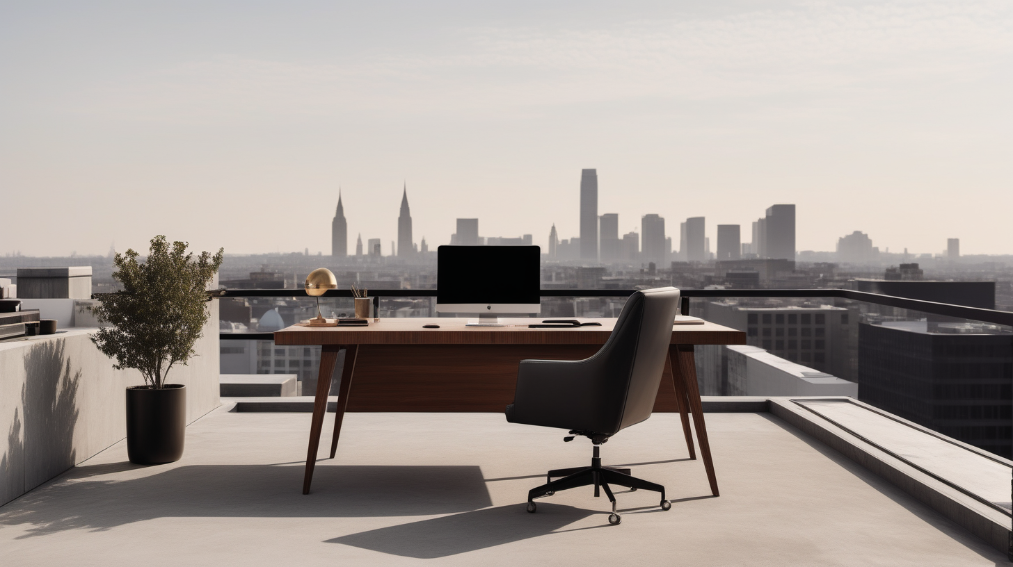 Craft an minimalist image showcasing an executive desk on a rooftop view, show sucess and luxe