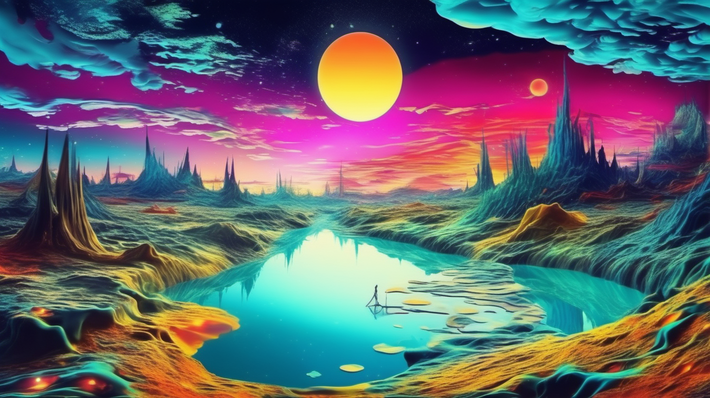 n anime manga style, a surreal fantastical landscape of a dream world in vivid colors with a river made of moonlight similar to salvador dali