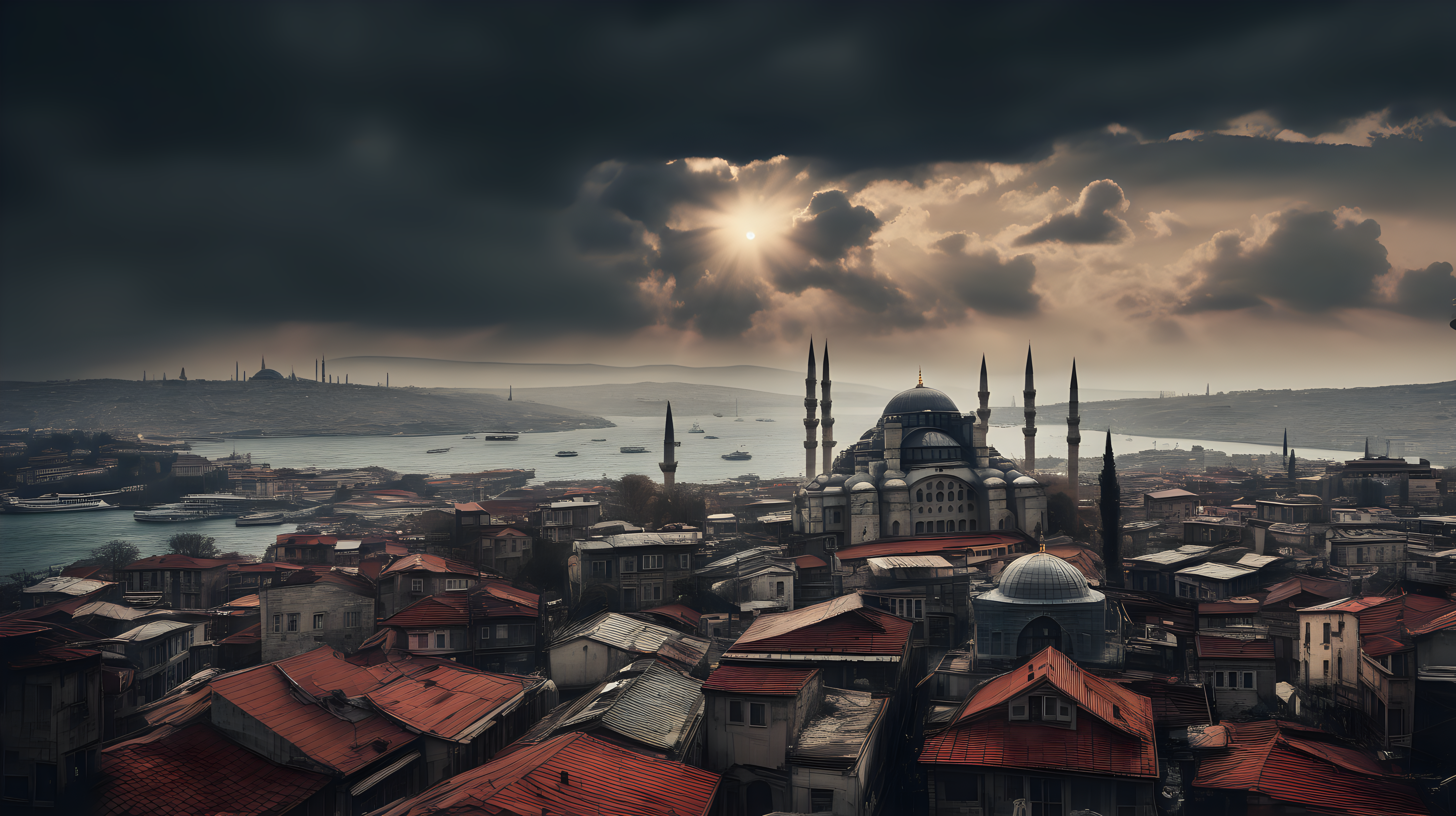 /imagine prompt: Historic Cityscapes, Istanbul, Turkey, year 1500, east roman empire age with its ancient roman structures –v 5.2and the overall moody atmosphere. Use a high-resolution 16k camera with a 16:9 aspect ratio, a raw style, and a quality setting of 2 to capture this atmospheric scene. –ar 16:9 –v 5.2 –style raw