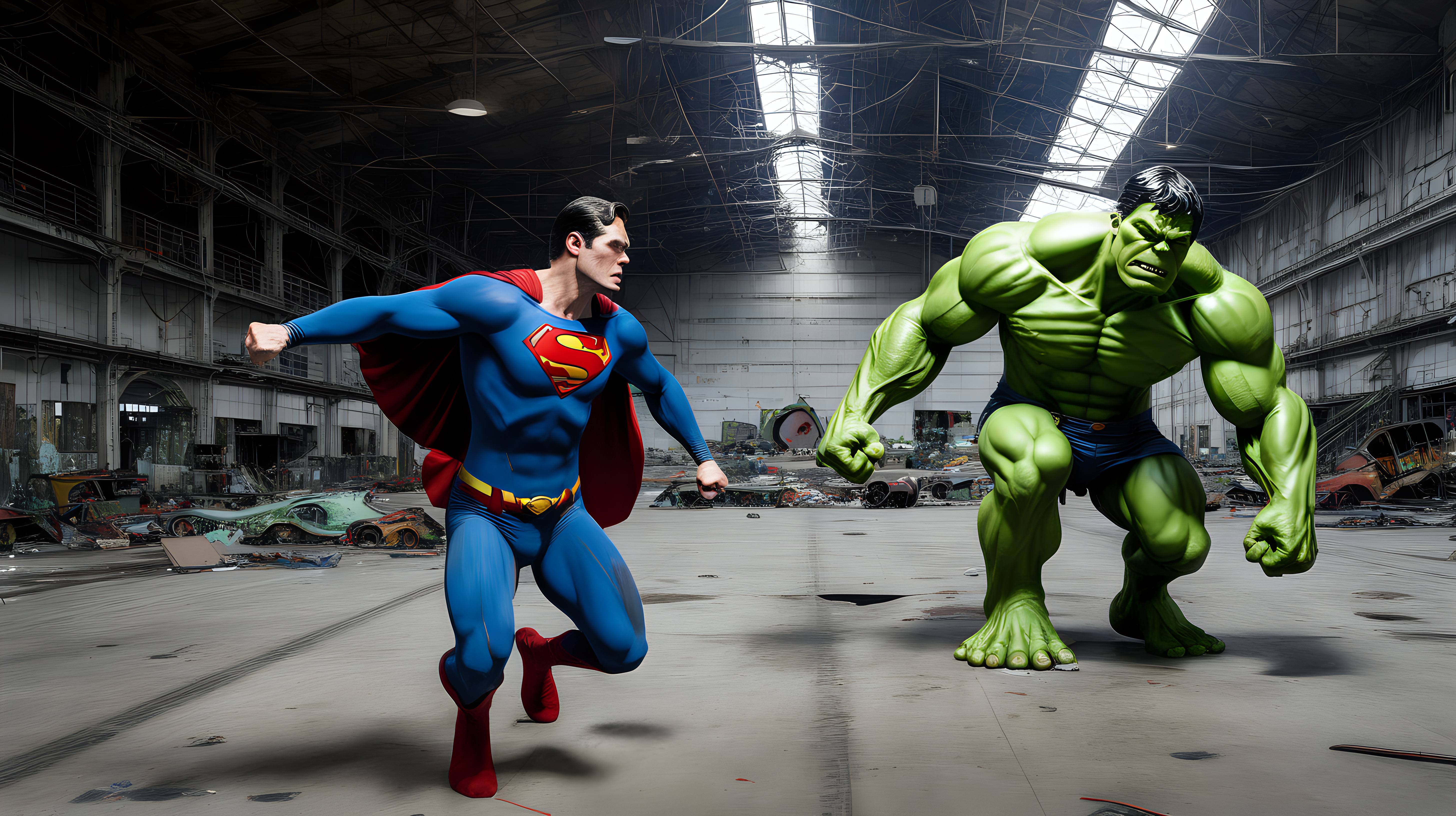 Superman fights the hulk in an abandon airplane factory