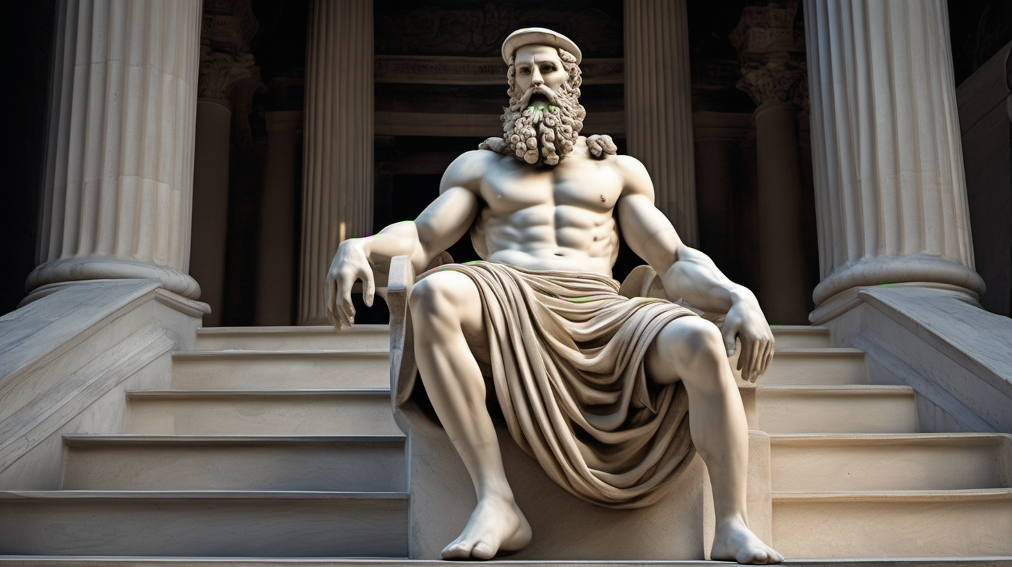 ﻿
Image of a full-body statue depicting a muscular, bearded man sitting on stairs of a palace. The statue should be in the style of ancient Greek art, characteristic of Stoicism. It should feature clothing elegantly draped over one shoulder. The background should be dark, highlighting the statue as the central element. The statue must demonstrate exceptional
craftsmanship, with intricate details visible in the facial features and attire. The image should have a dramatic feel, achieved through the interplay of light and shadow. The perspective should be a wide shot.