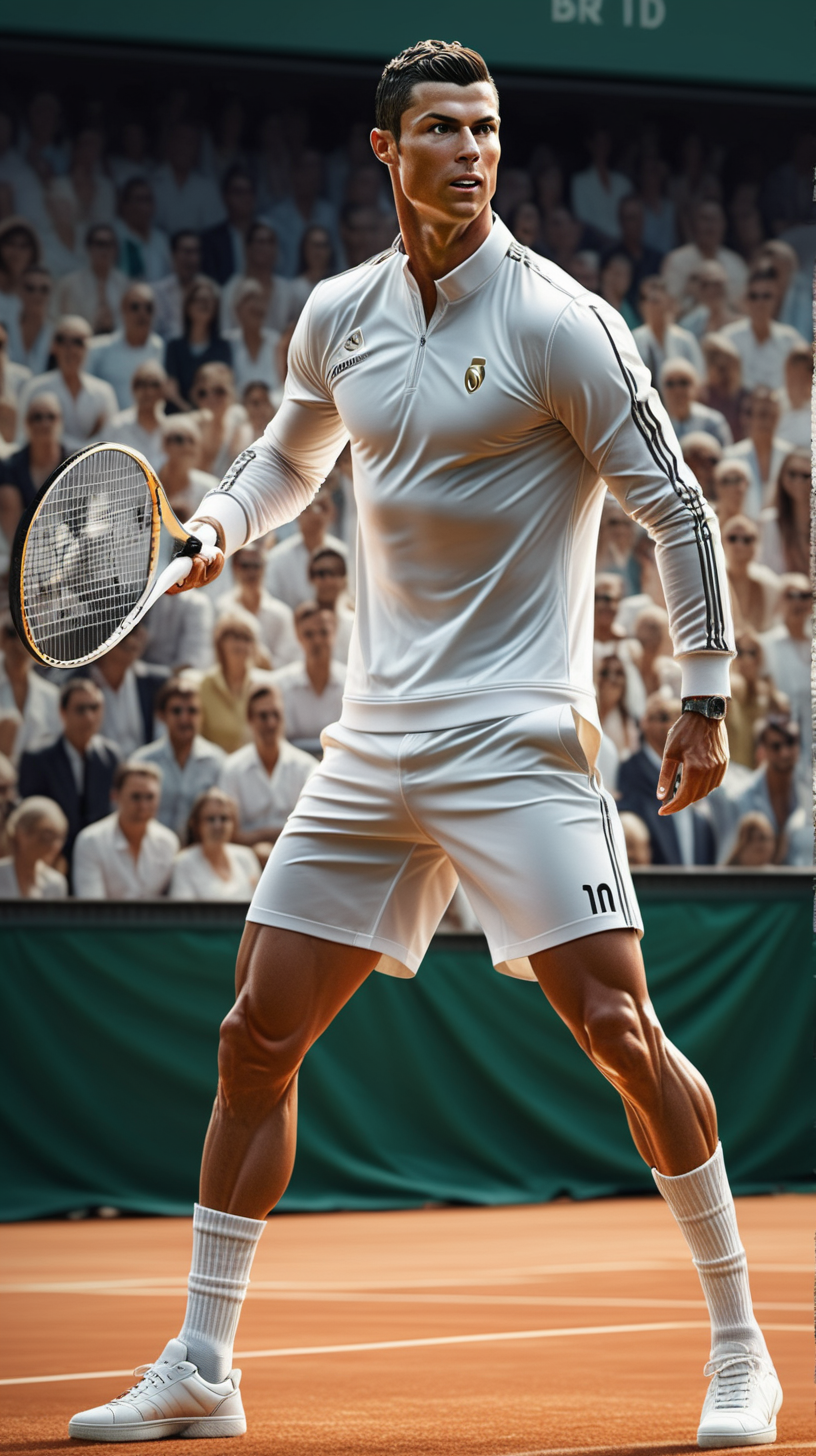 Full body, Cristiano Ronaldo is playing tennis, tennis court background, loads of fans watching, realistic, ar 2: 1 --v 5