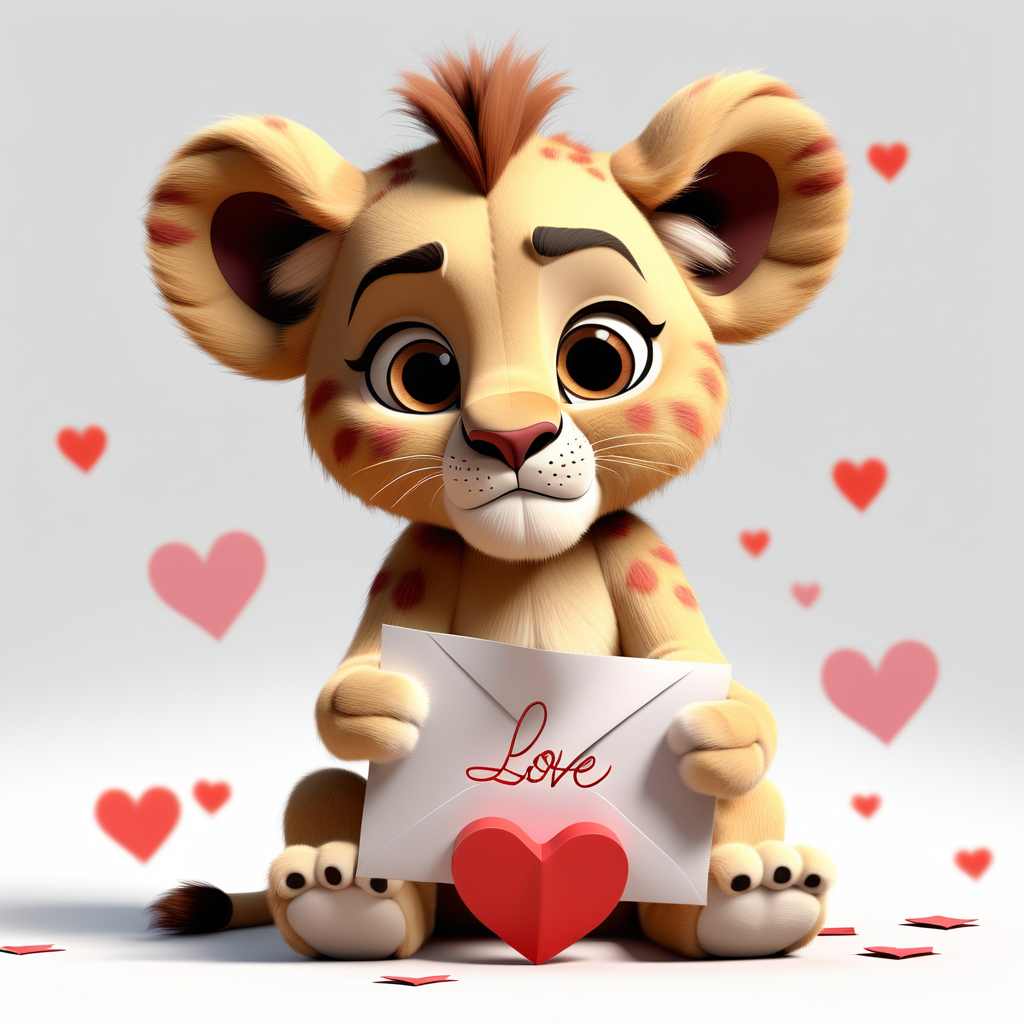 /envision prompt: "Sweet Pixar 3D Lion Cub with Love Letter" in clipart style, a cute lion cub seated on a white background, holding a Valentine's love letter in its paws. The scene captures the innocence of love and the charm of safari animals. --v 5 --stylize 1000