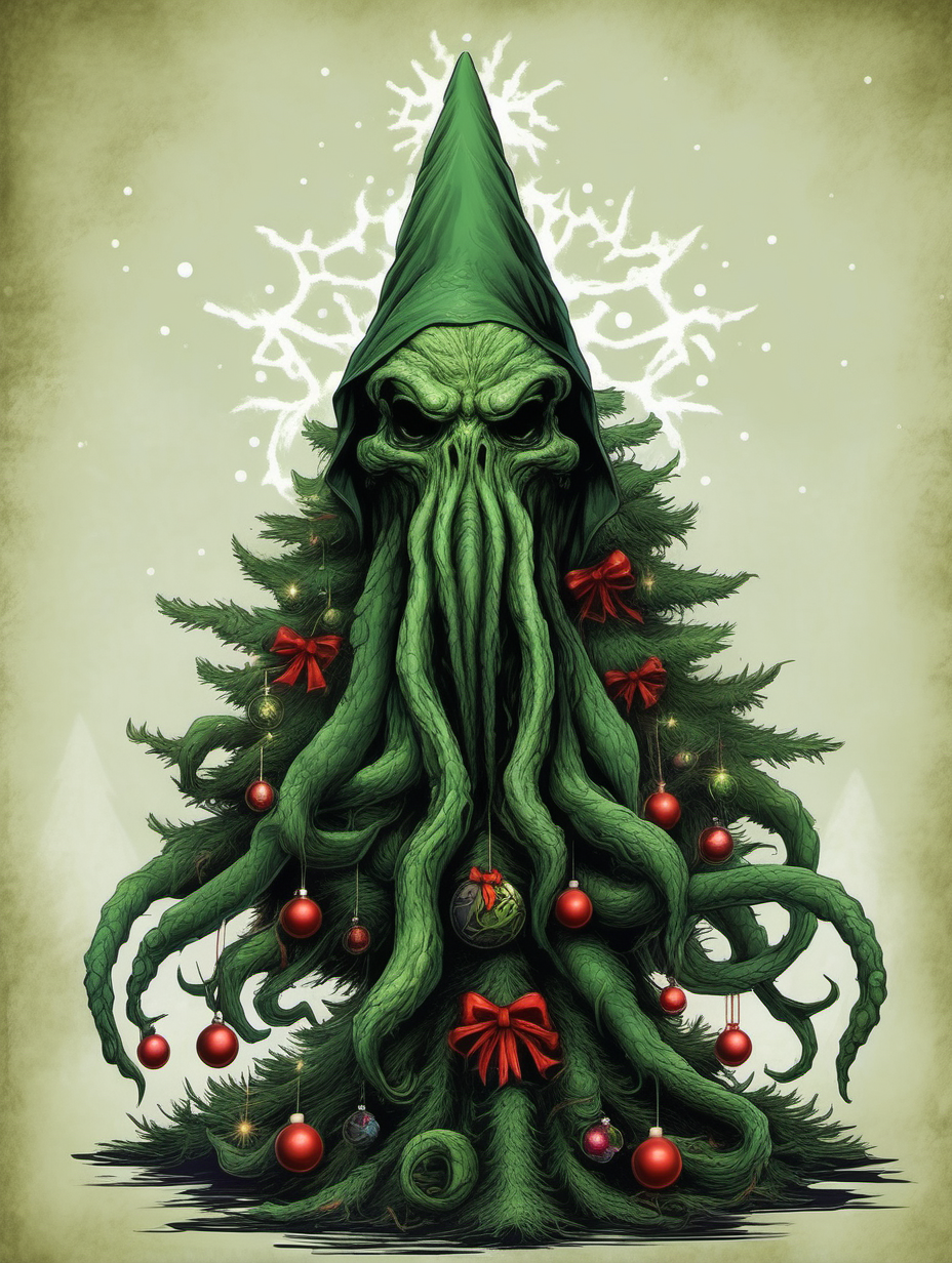 Cthulhu disguised as a Christmas tree. Must be gothic and sinister with eldritch themes. Christmas presents under the tree must also be in this theme. High definition