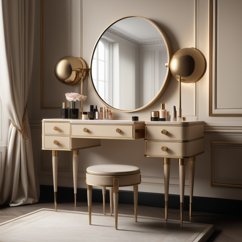 a hyperrealistic image of a modern Parisian  vanity table  in beige, oak and brass 
