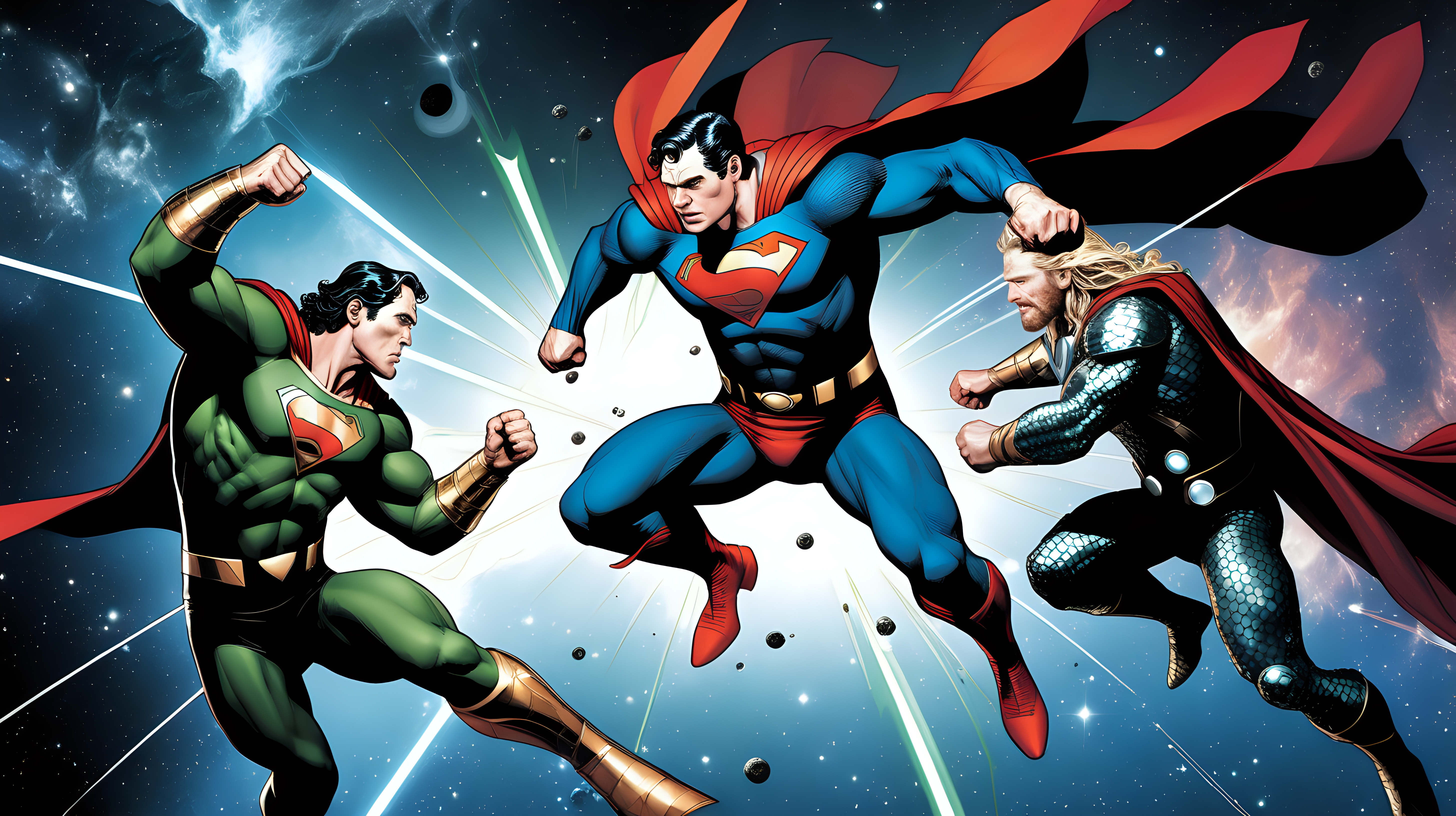 Superman fights Loki and Thor in space