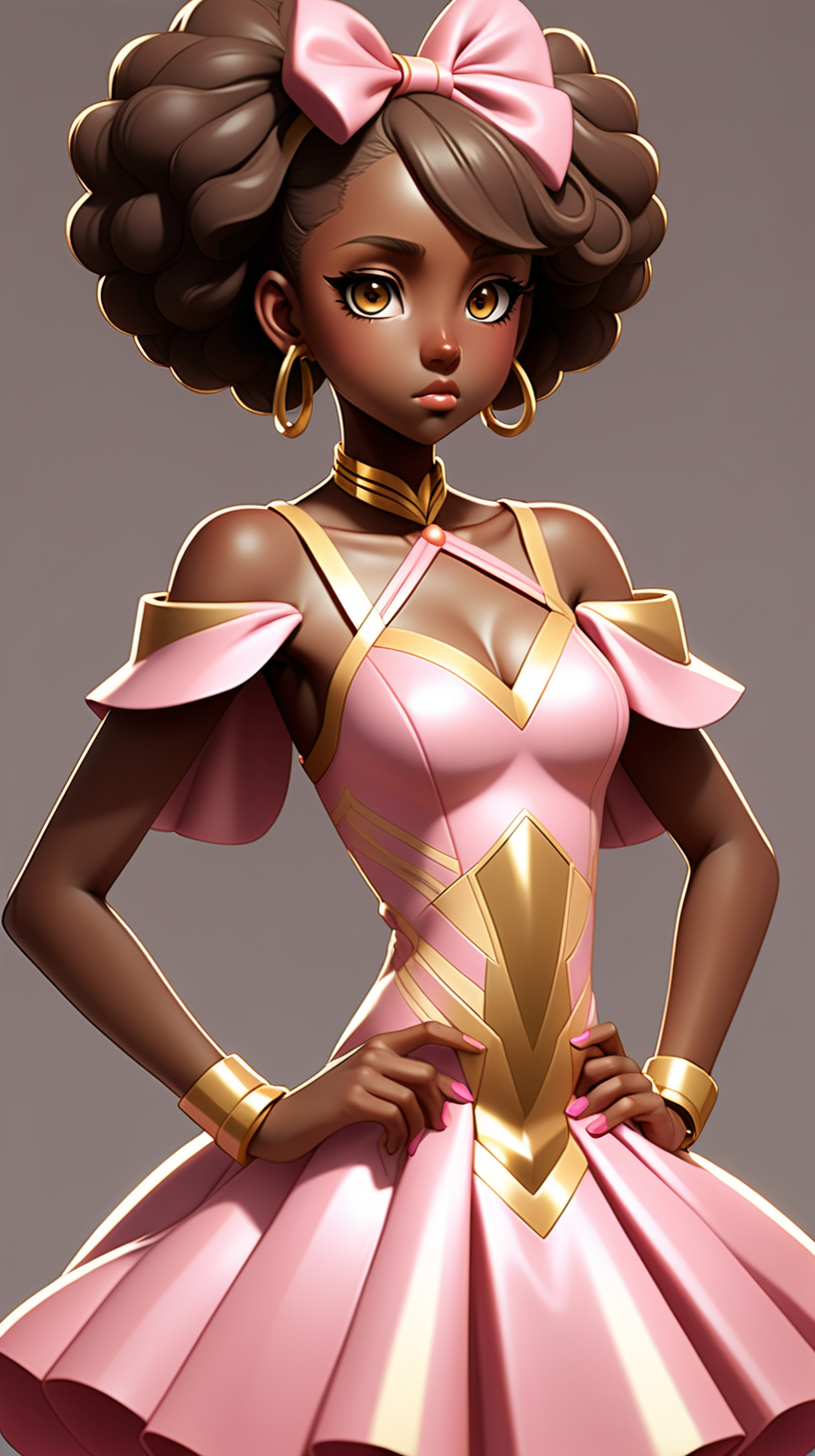 an anime girl with a pink and gold dress who is African American