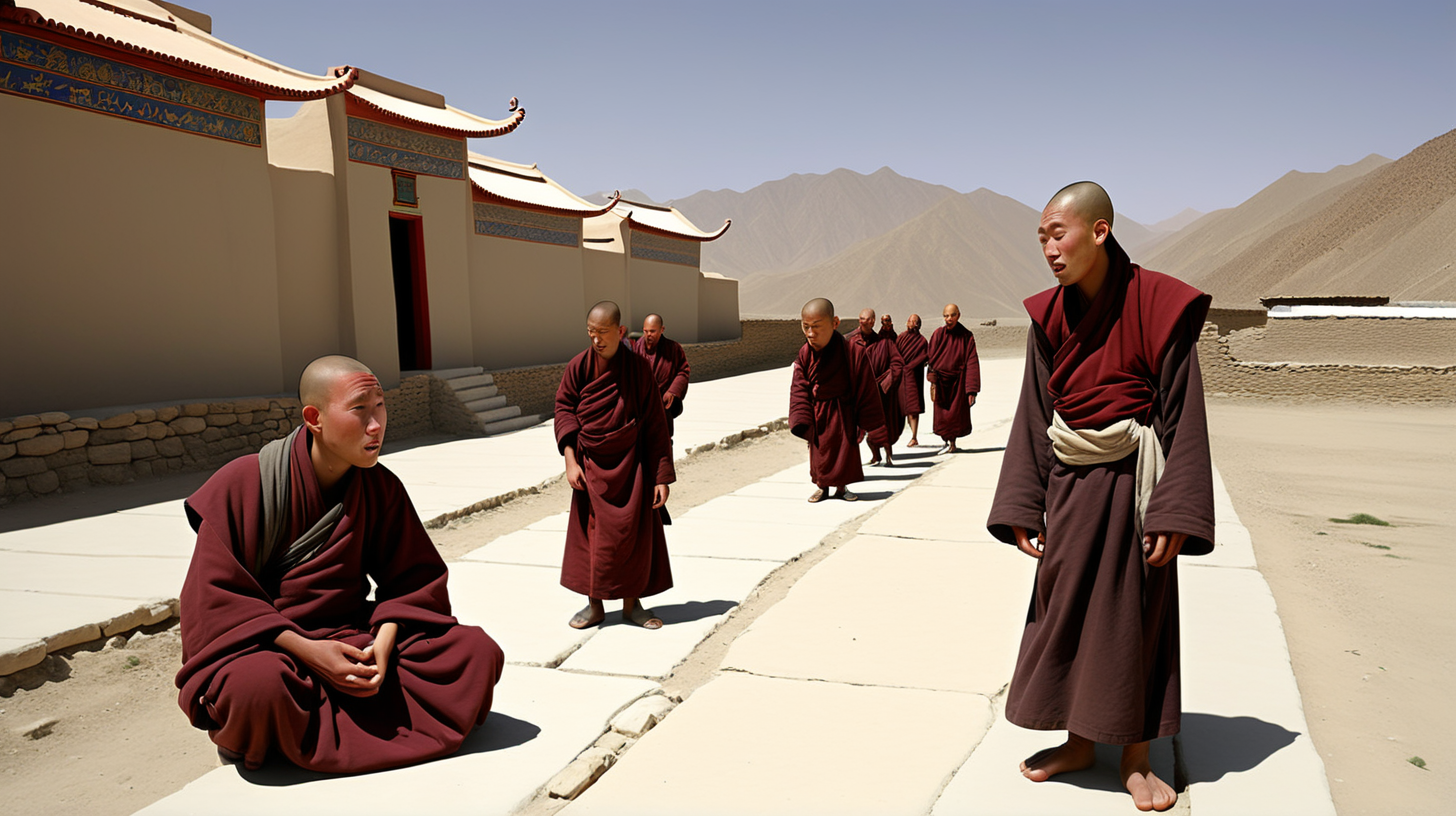 At 4th century  Kucha or Karashahr on the northern edge of the Tarim China five monks have arrived at the monastery and a begger monk is begging