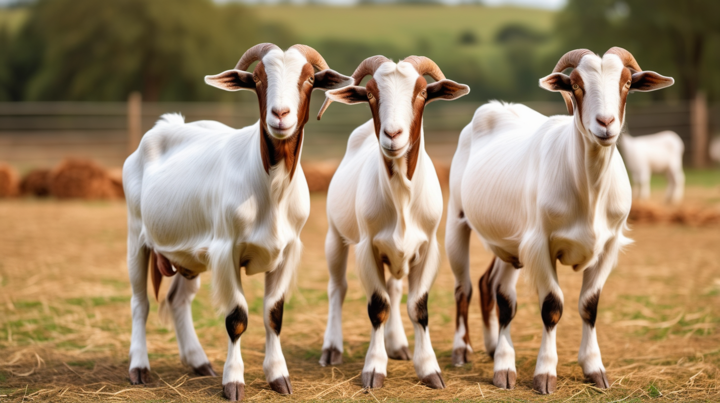 Beautiful female Boer Goats on the farm, isolated on field background, copy space, photo shoot