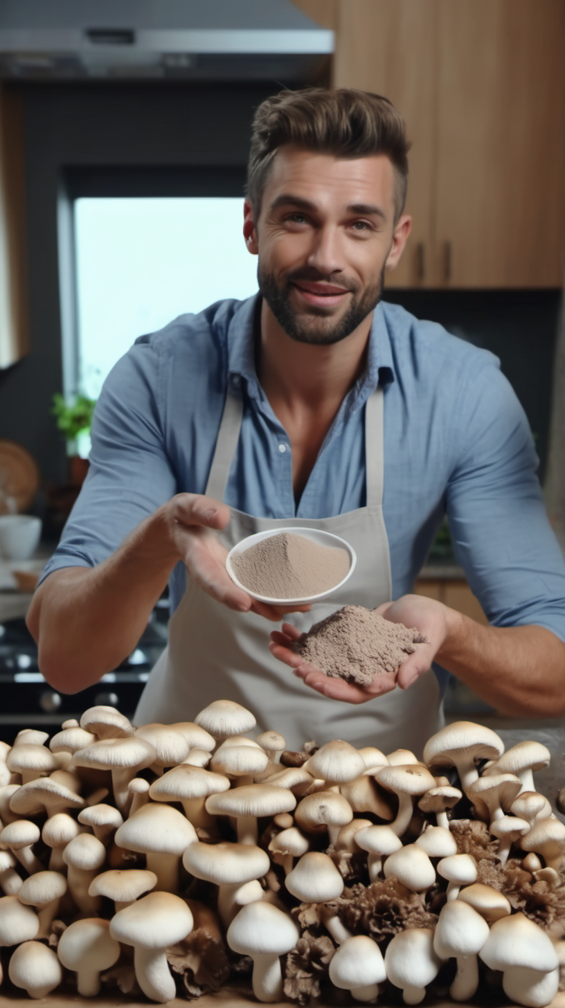 handsome man in his kitchen with a pile of mushrooms and mushroom powder on the table 4k