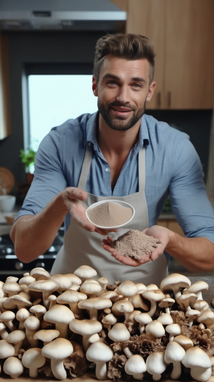 handsome man in his kitchen with a pile