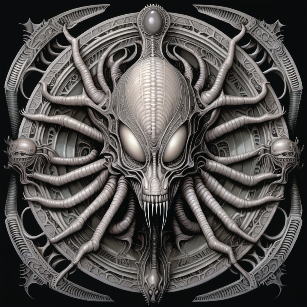 dull muted colors, clear lines, detailed, symmetrical mandala, alien queen in style of H.R Giger