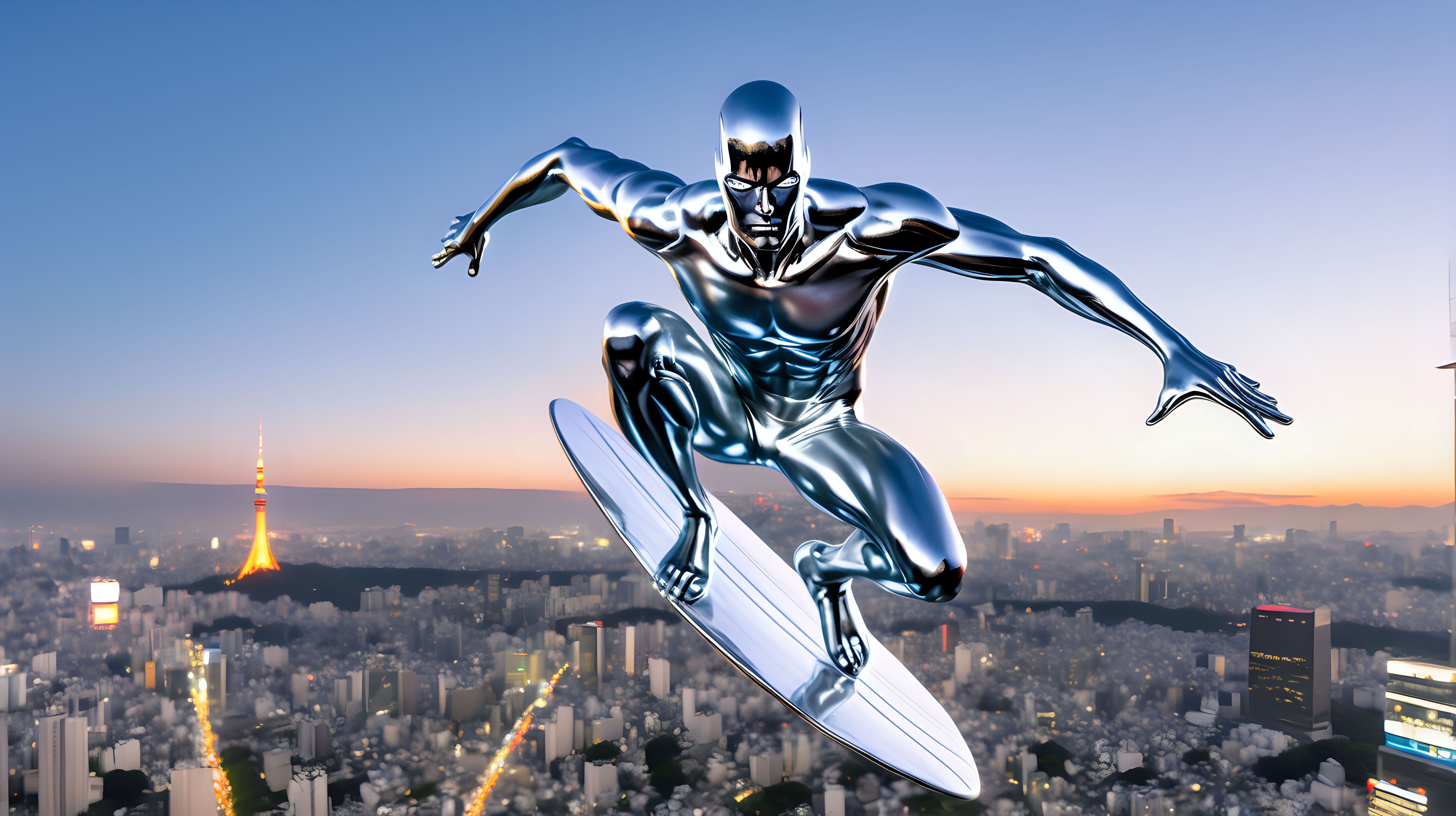 The silver surfer flying over Tokyo at dusk