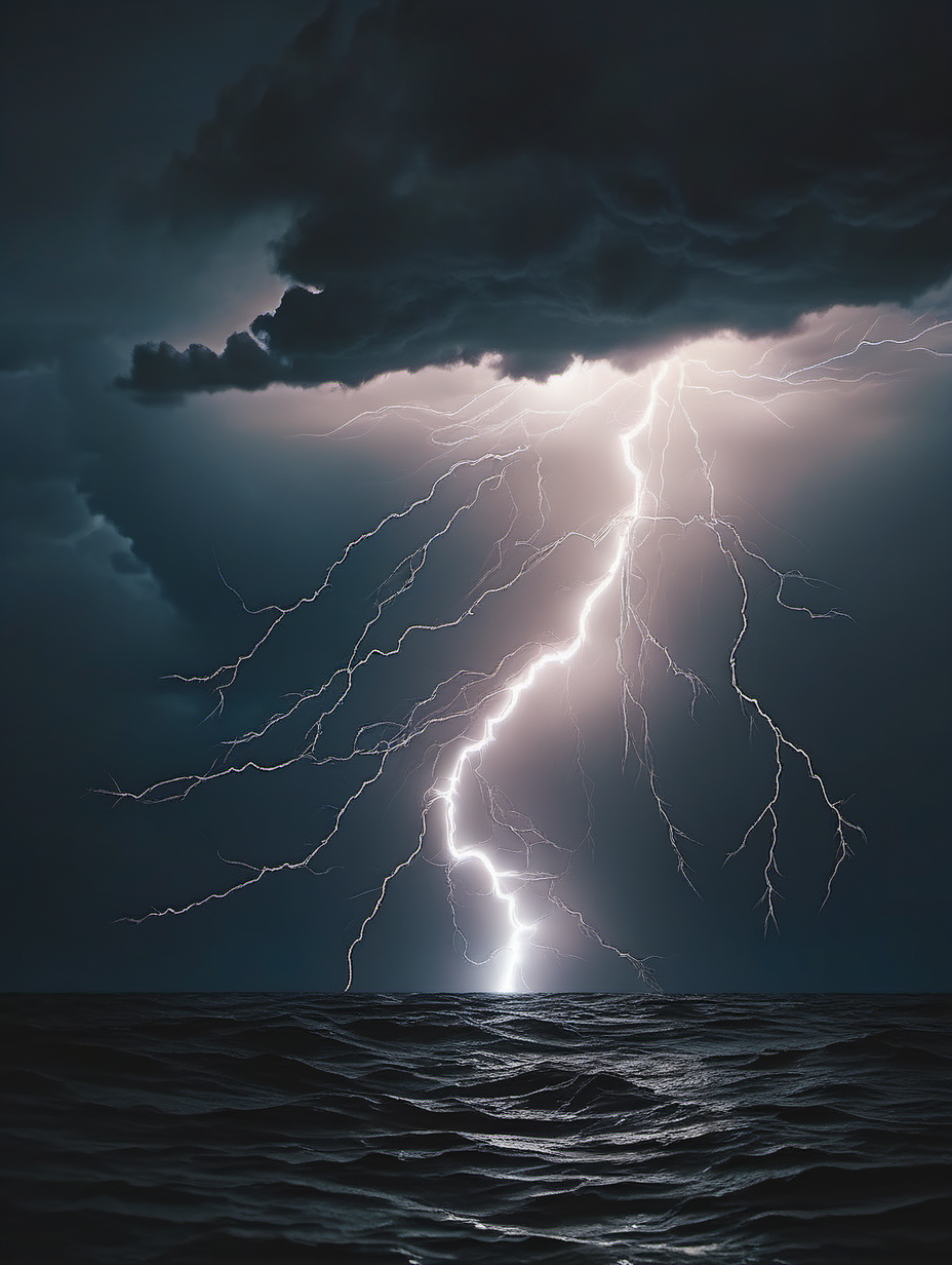 Lightning striking in ocean cloudy sky dark theme