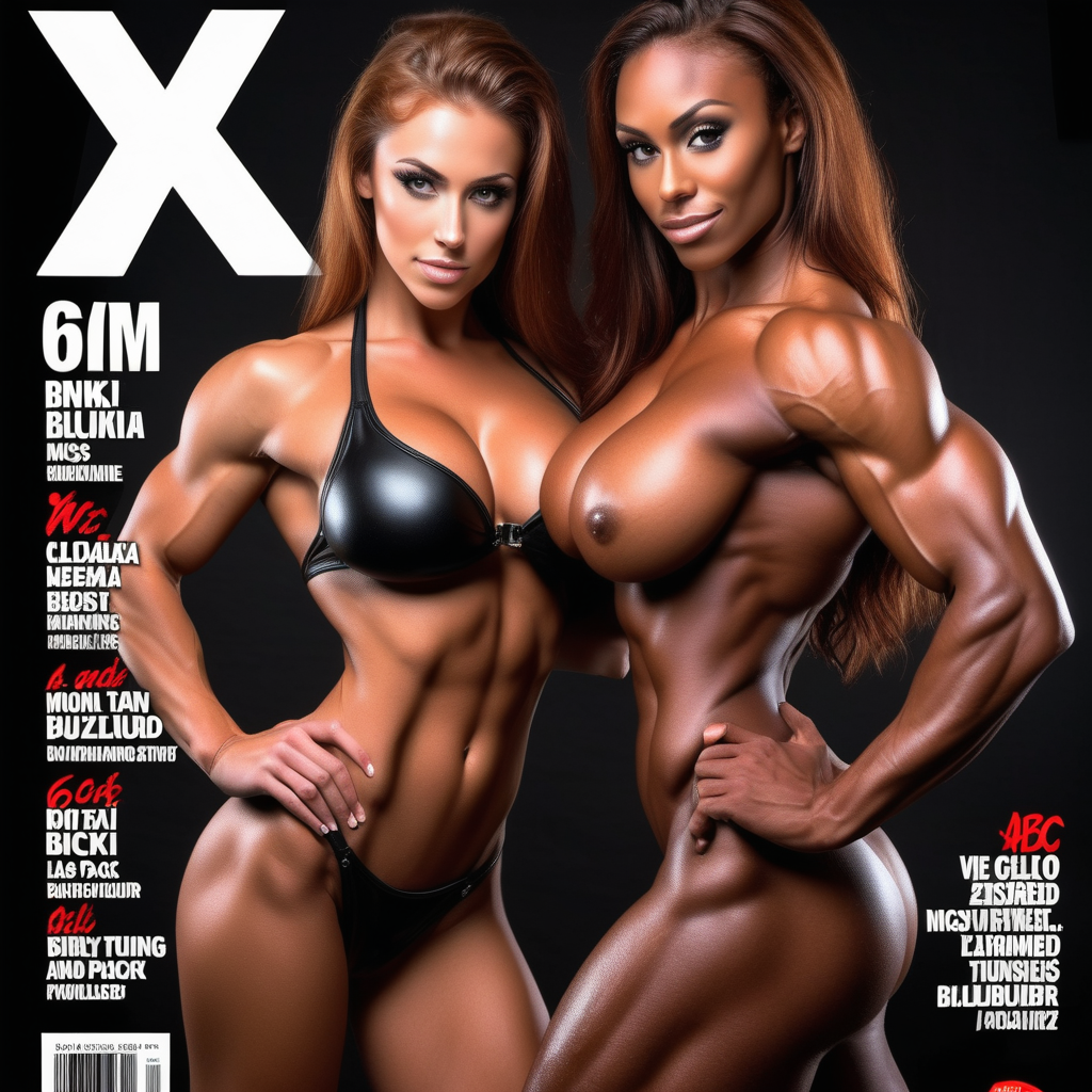 well-lit and detailed magazine cover photo shoot of a very tall and extremely silicone enhanced busty yet toned with 6 pack abs and deep cut obliques 25 year old very tan skinned chestnut haired bikini model miss lexa posing nude with a dark black bodybuilder in a passionate and sexual embrace