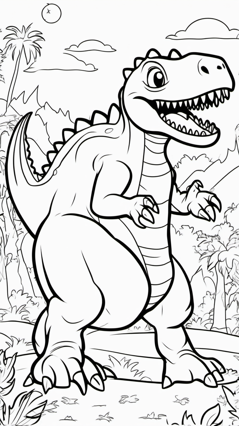 Create a funny coloring book for children about a dinosaur at a Halloween party. The background will be white and without shadows, and the drawing will be black in fine line without shadows