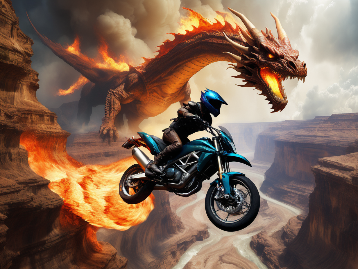 Motorcycle  jumping a canyon on Jupiter chased by a fire breathing dragon