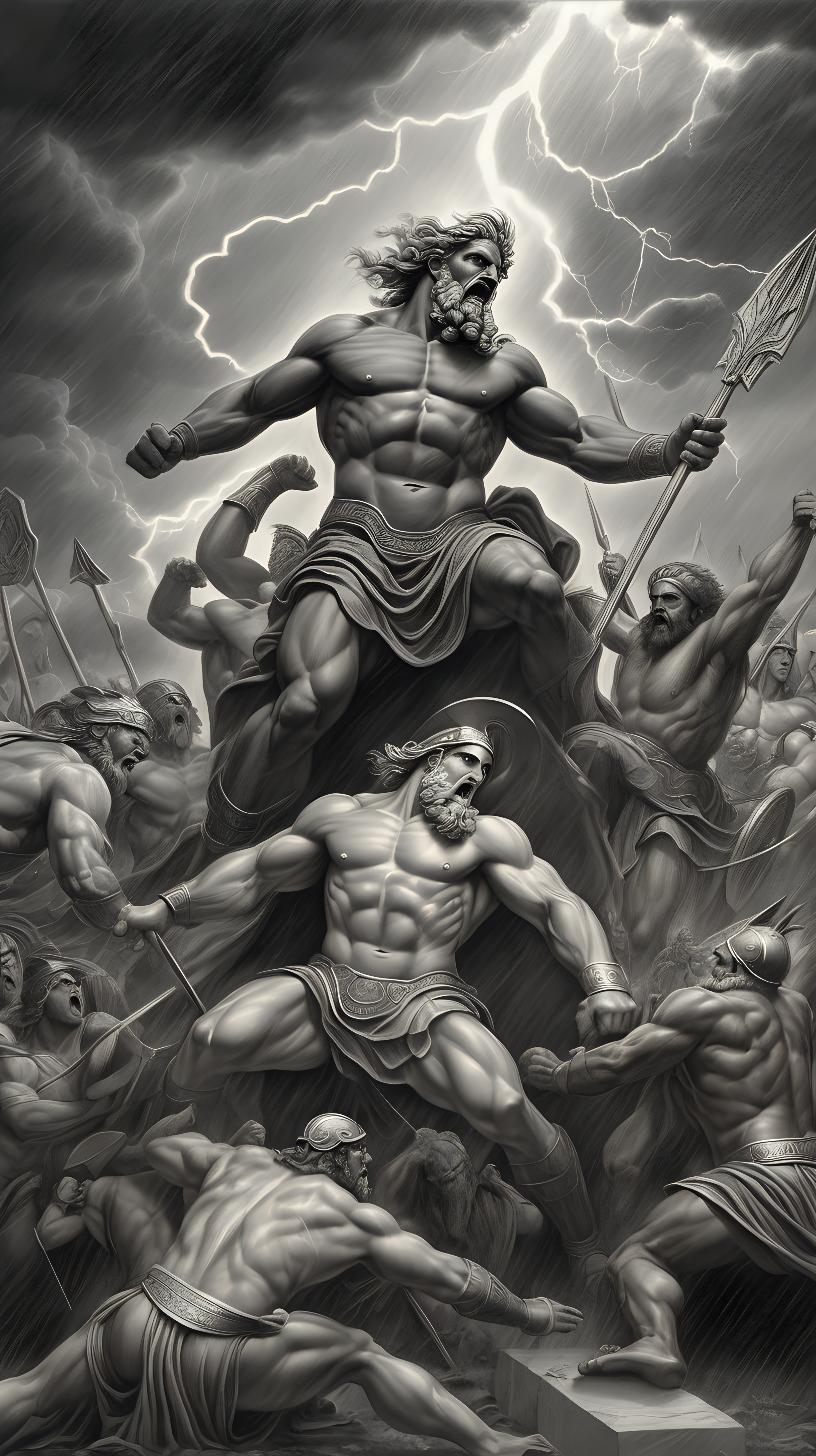 /imagine prompt : a hyper realistic black and gray  drawing, feautering Greek's gods & goddesses greek mytology, titan war scene

-no cut
<background>thunder and lightning
<style>pencil drawing
_ar 9:16