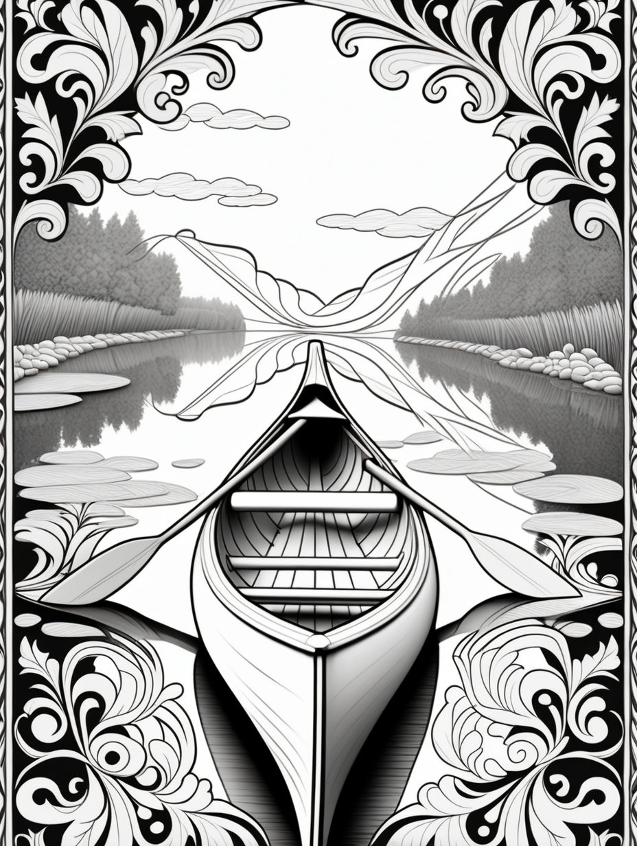 no shading, canoe, damask Motif Pattern outlined, outline drawing, unfilled patterns, black and white, coloring book page,  clean line art, line art, no shading, clear edges, coloring book, black and white, no color, line work for coloring