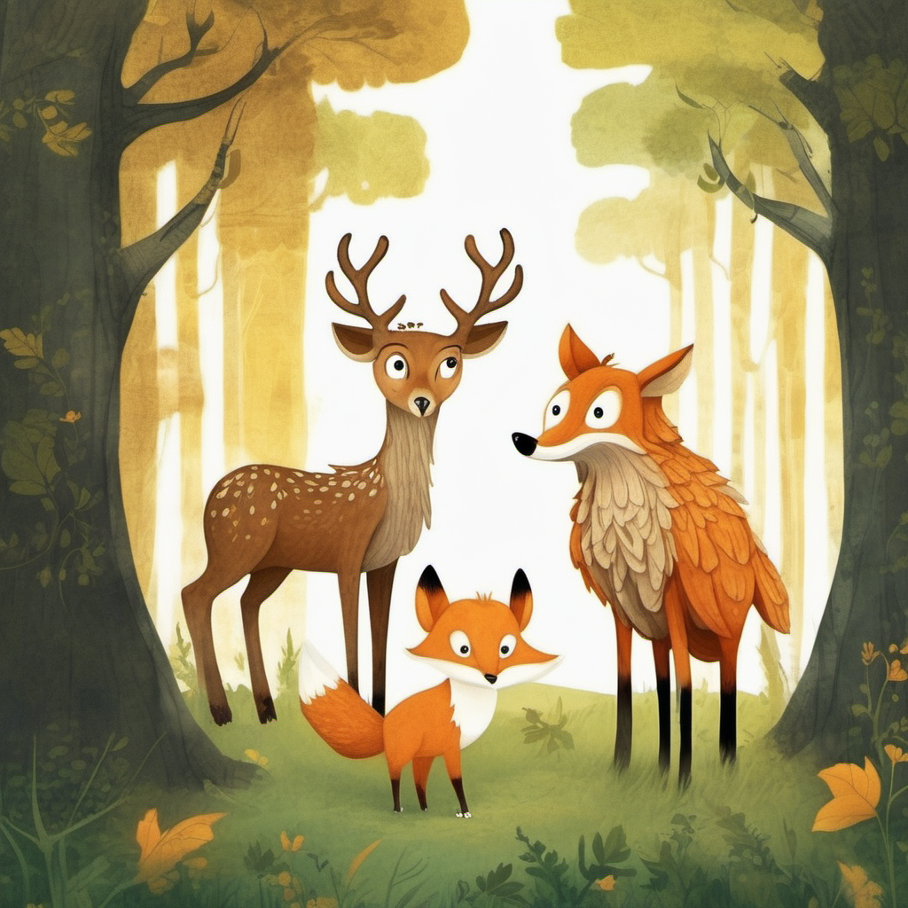 Bild für ein Kinderbuch 
Rome das Reh mit einem Fuchs und einem uhu im Wald