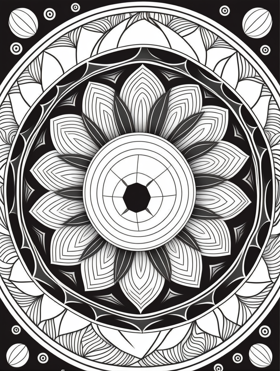 football inspired mandala pattern, black and white, fit to page, children's coloring book, coloring book page, clean line art, line art, no bleed