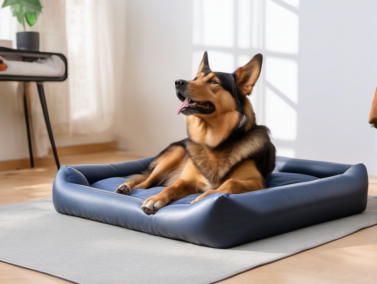 Create an image of a dog relaxing on the PVC indestructible dog bed. The dog bed shape is rectangular, dark blue color. The dog is of a large size, looks happy and relaxed, with the tongue out, laying on the bed sideways to the camera, looking to the right, turned away from the camera. The color of dog is greyish brown. The dog bed is placed on the floor in the room. The room is lit with sunlight.