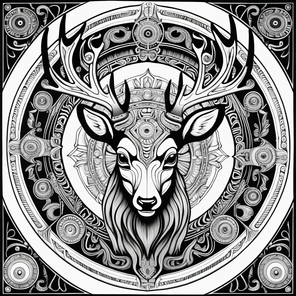 black & white, coloring page, high details, symmetrical mandala, strong lines, male deer with many eyes in style of H.R Giger