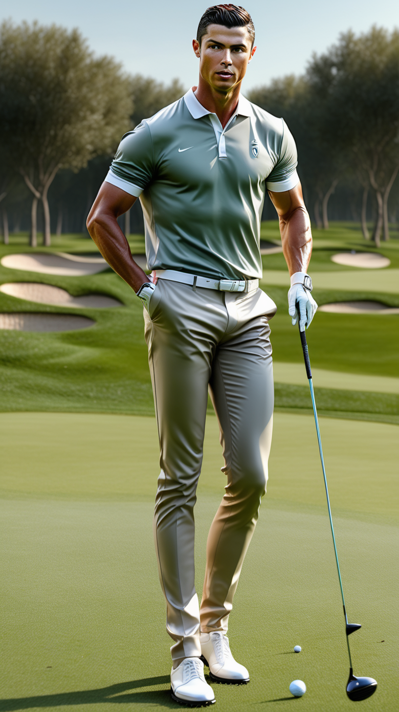 Full body, Cristiano Ronaldo is playing golf, golf course with fans background, realistic, ar 2: 1 --v 5