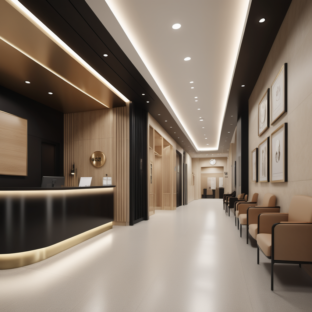 hyperrealistic image of an elegant medical centre interior in a beige, oak, brass and black colour palette