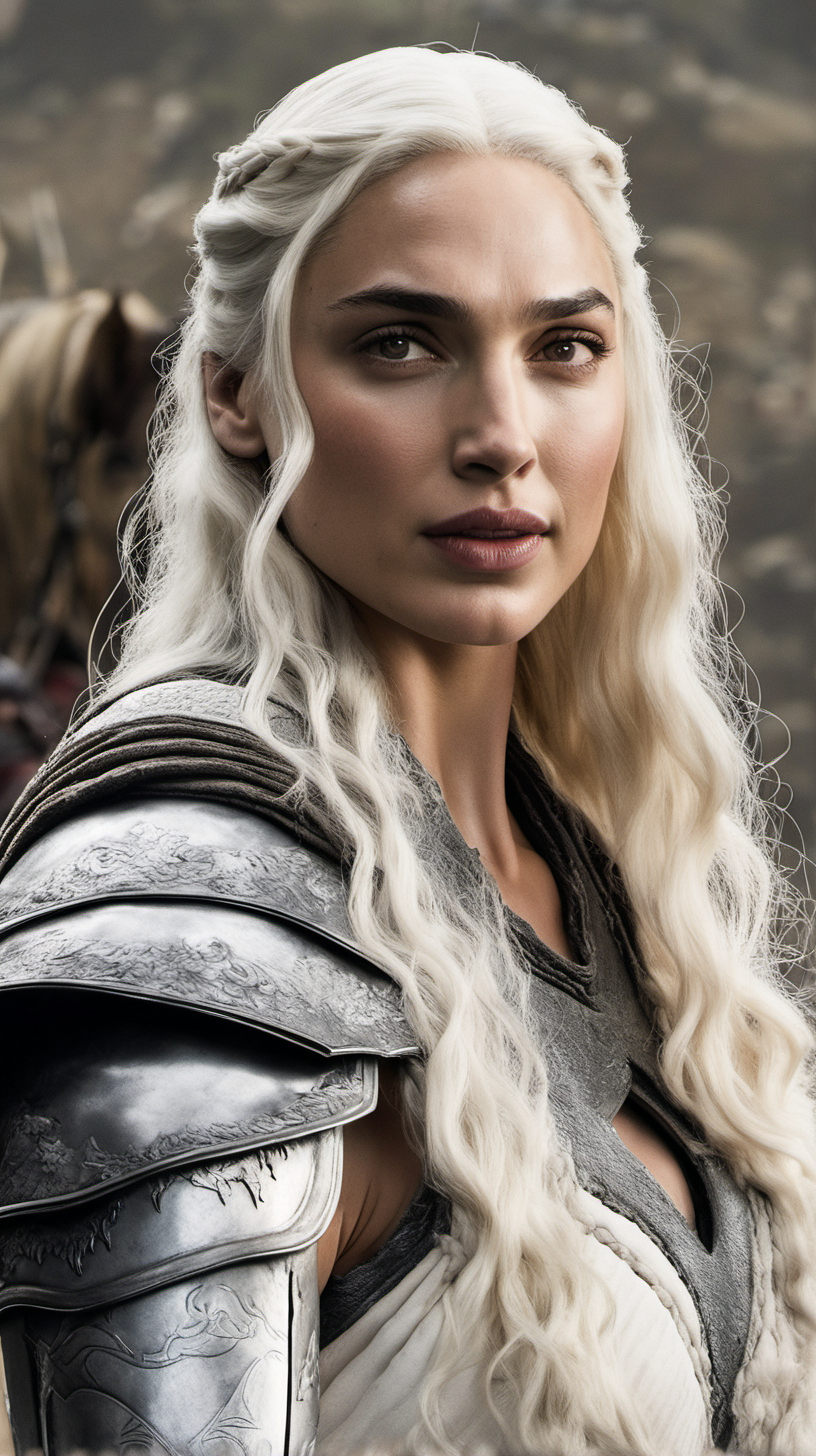 Gal Gadot with long platinum blonde hair in Game of Thrones with a white horse