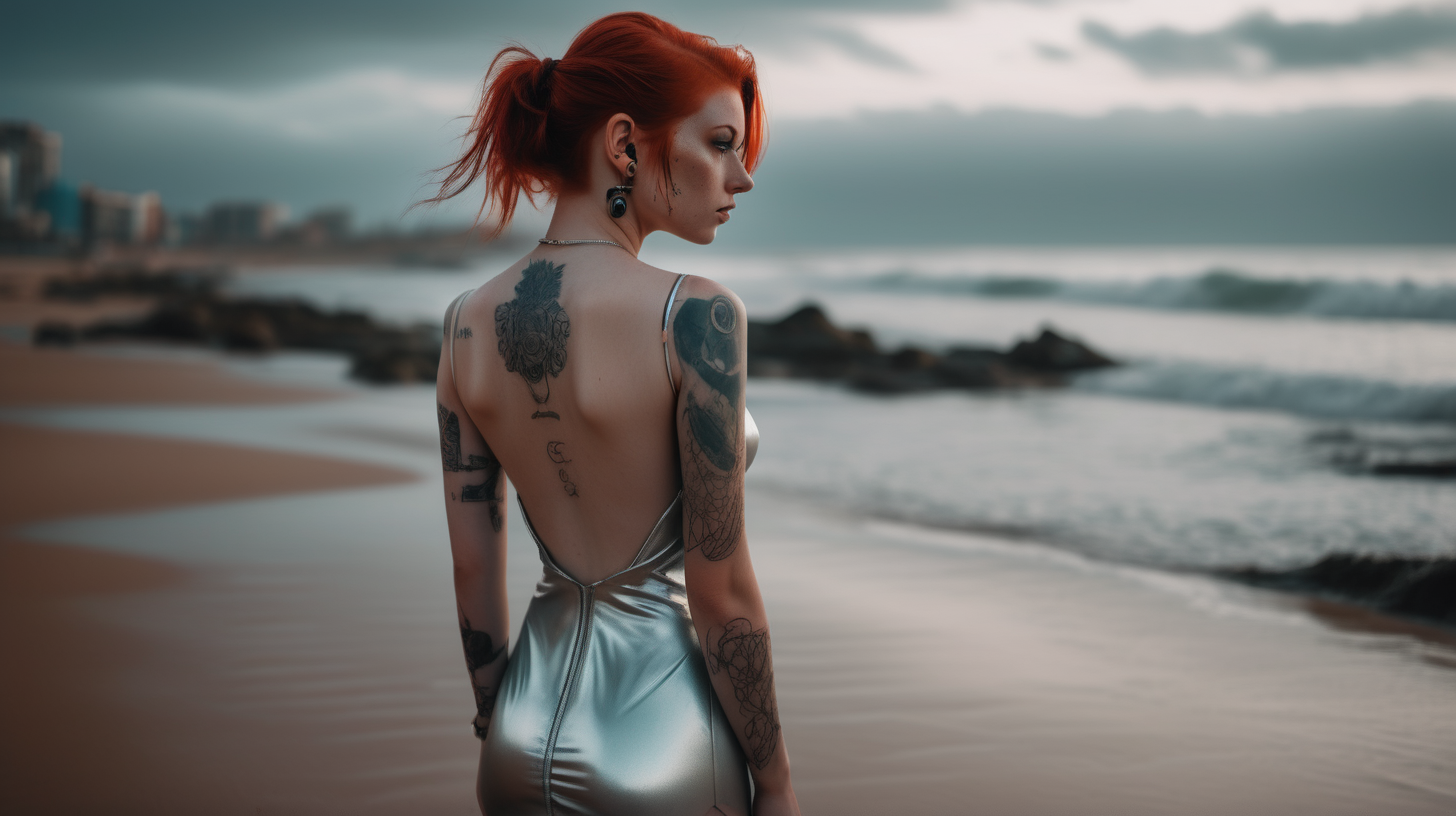 A photo of a cyberpunk beach. Only one girl is standing, She has her back to the camera and turns her head looking towards the camera. The girl is wearing a short Translucent alluring dress that reveals her body curves, what is made of a fabric which allows her skin to be seen through. redhead straight hair, she has a nose piercing and a wolf tattoo on her back. . She is looking back at the viewer with a sugestive look (almost inviting us to be there). The lighting in the portrait should be dramatic. Sharp focus. A perfect example of cinematic shot. Use muted colors to add to the scene.