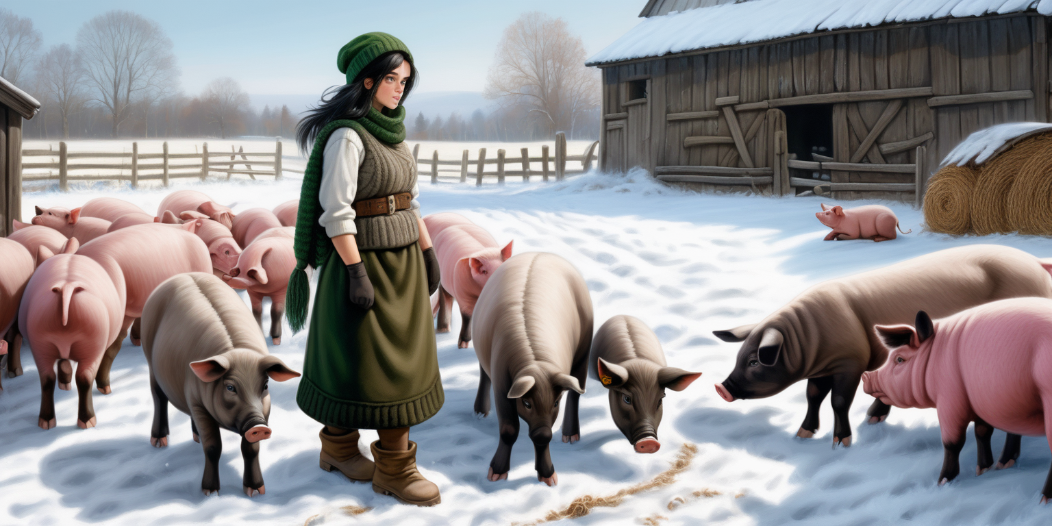 A beautiful peasant woman with long black hair and green eyes works in the pen in front of the barn. Around her are piglets - small and pink. Everything is in mud. The barn is surrounded by a fence of old wooden posts and wire mesh. It's winter, everything is covered with a thick layer of snow. Mud and snow mix. The peasant woman has put on low to the ankle black rubber shoe on her feet. Brown coarsely knitted woolen socks stick out from them - up to the middle of the leg and. On top of them, to keep her warm, she has put on green - brown, very wrinkled and crumpled woolen knitted gaiters. It is worn with thick elastic leggings, over it there is a shotr knitted skirt in black and brown. A chunky brown-gray wool sweater with a chin-high collar is snug around her. over it she wore an off-white furry sleeveless sweater with a triangle neckline. Above all this is a short  quilted waistcoat in green which is unbuttoned. On his head he wears a thick knitted woolen gray hat - an ushanka. He also has a thick scarf sloppily draped around his neck. He also wears gray knitted woolen fingerless gloves. across the waist, a thin hemp rope is wrapped 2-3 times.