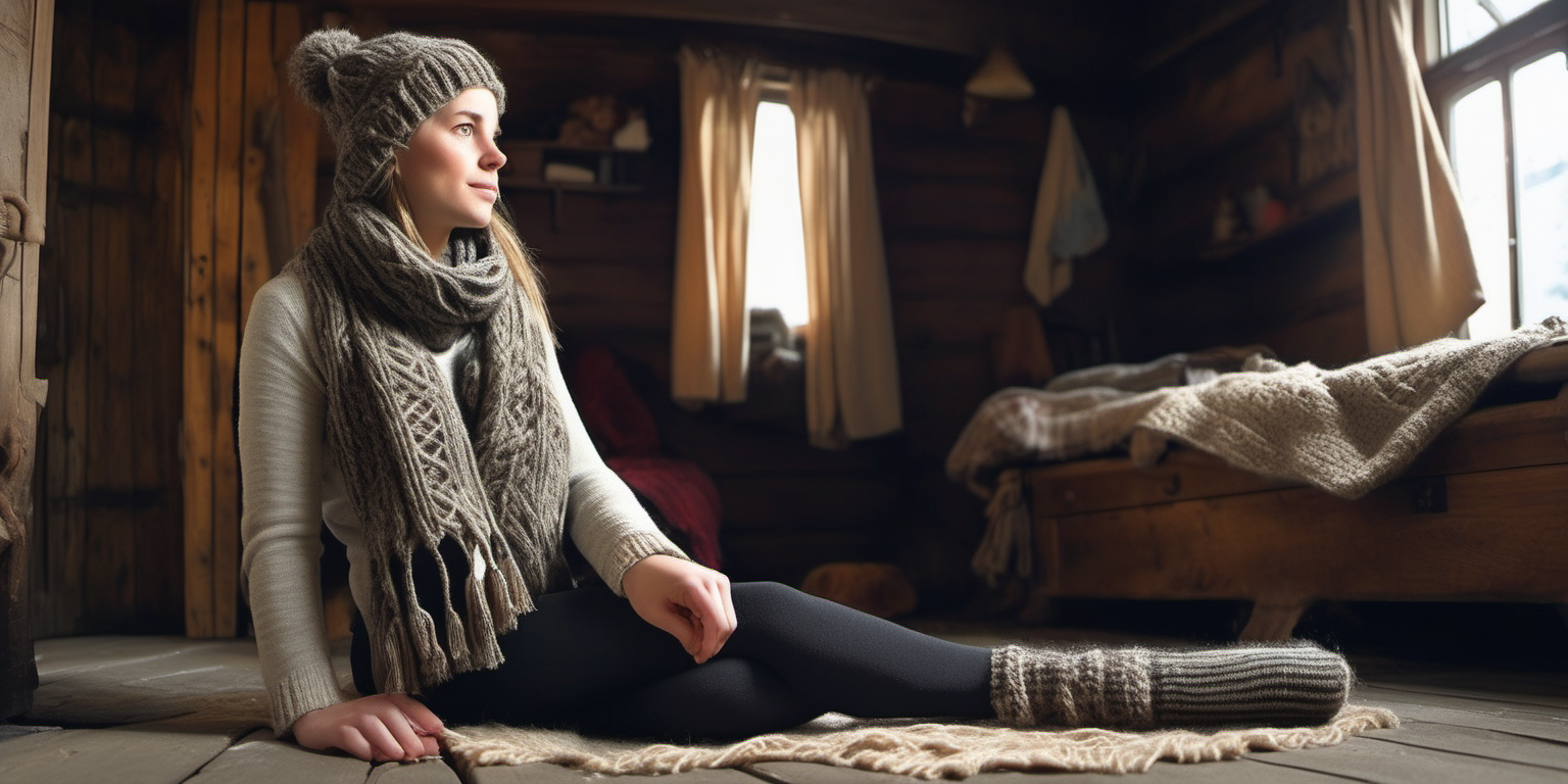 Village 30 years old women. Long ponytile tied hair, green eyes. She is dressed very thick in a country style - with thick hand knitted gray and brown woolen socks. She wears black tight black thermo leggings. She wearing brown sweater with a high collar . She is wearing a white sleeveless sweater over it. She has a scarf wrapped around her neck. A thick knitted hat on the head. Knitting alone on the floor in the old and wooden house. Around her is an old sofa covered with a rug. There is a black and red traditional rug on the ground. Her bed is behind her - an old one with a spring and a metal frame. A television with a kinescope looks out from an old wooden cabinet. The windows of the house are frosted over - you can see a lot of snow outside. It's night.
