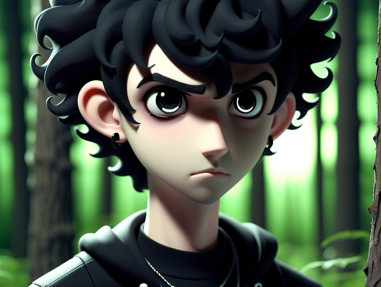 3d, anime, male, short black curly hair, black gauge earrings, thick black eyebrows, black eyes, emo, forest low light