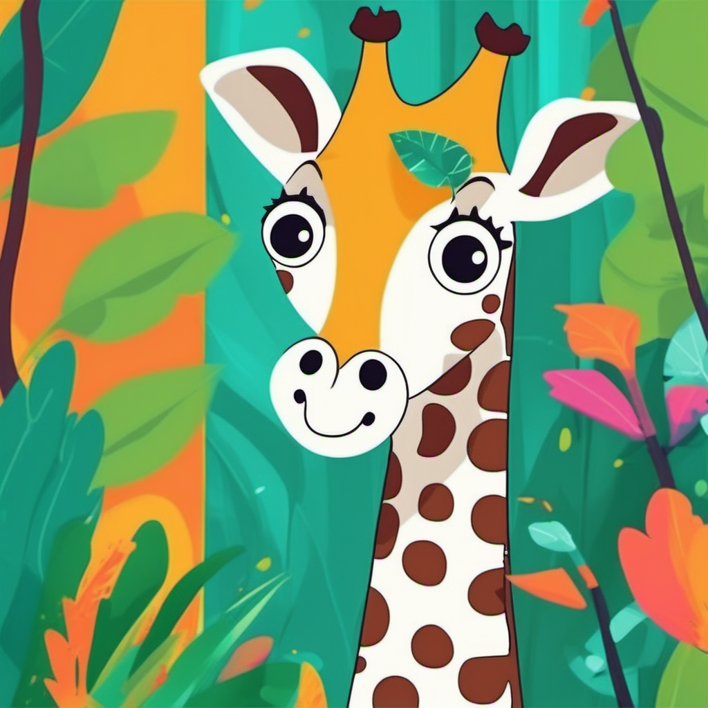 /imagine kids illustration, Giraffe neck and face in a jungle, cartoon style, Thick Lines, low details, vivid color --ar 9:11