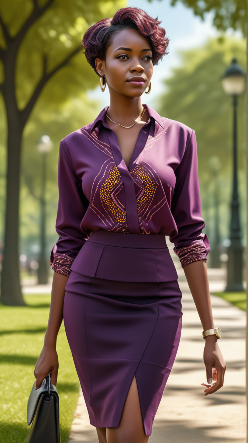 A handsome, intelligent black, female, wearing short hair, wearing a blouse, wearing a elegant, string of African beads, Wearing a Plumb, two piece, women's Pencil skirt suit, in a park, brightly lit, modern day, sunny, in Ultra 4K, High Definition, full resolution, hyper realism