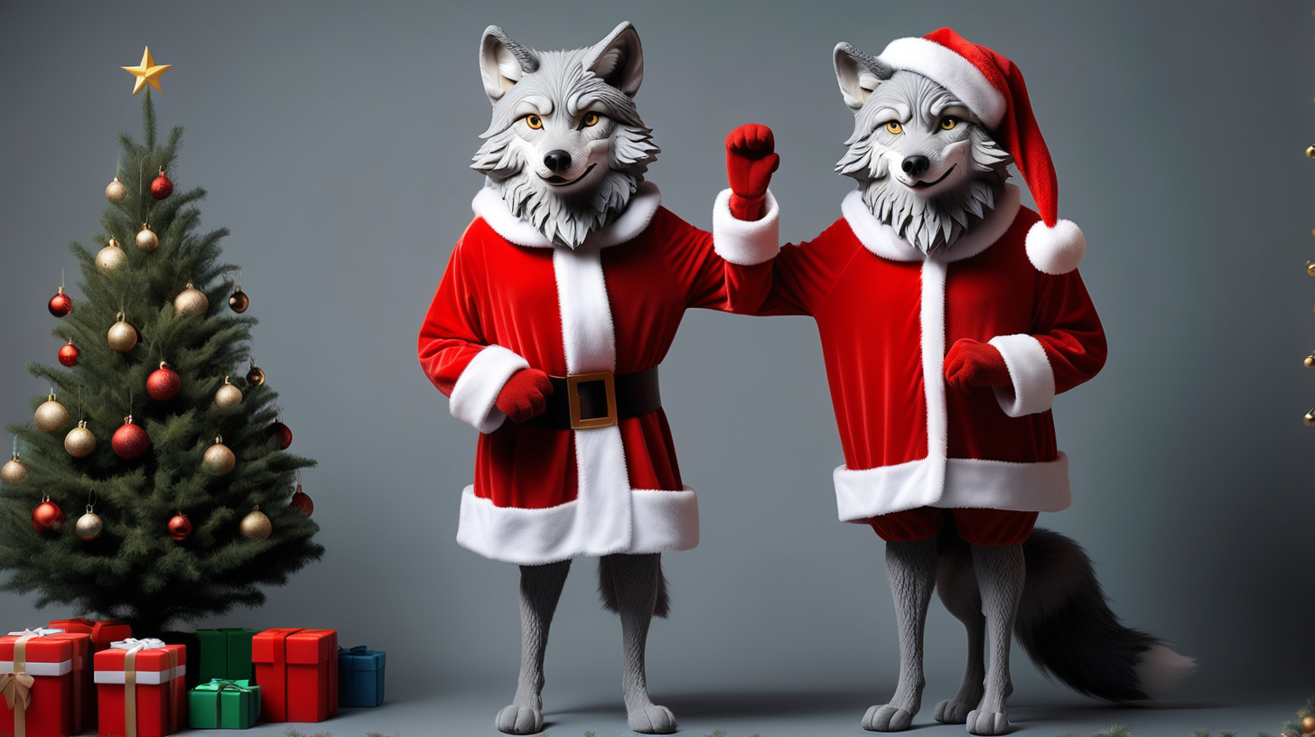 The gray wolf put on a Santa Claus