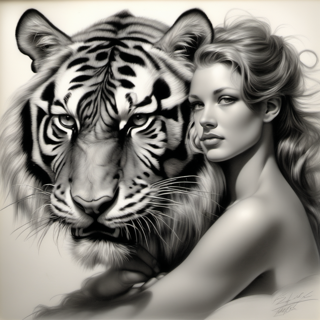 /imagine prompt : a hyper realistic black and gray Boris Vallejo drawing, feauteted a beautiful angel by a tiger portrait create a sureal fantasy atmosphere
/describe : whole subjects in the box
-no cut

<background>white papaer
<style>pencil drawing
_ar 9:16
