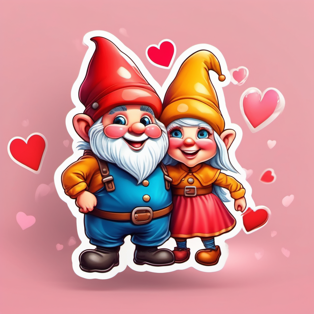 super Adorable Scandinavian gnome  couple, Nordic, very festive bright colors,cartoon
sticker valentine hearts,  character full body, so cute, excited, big bright eyes, shiny
fairytale, energetic, playful, incredibly high detail, 16k, octane rendering, gorgeous, ultra wide angle.