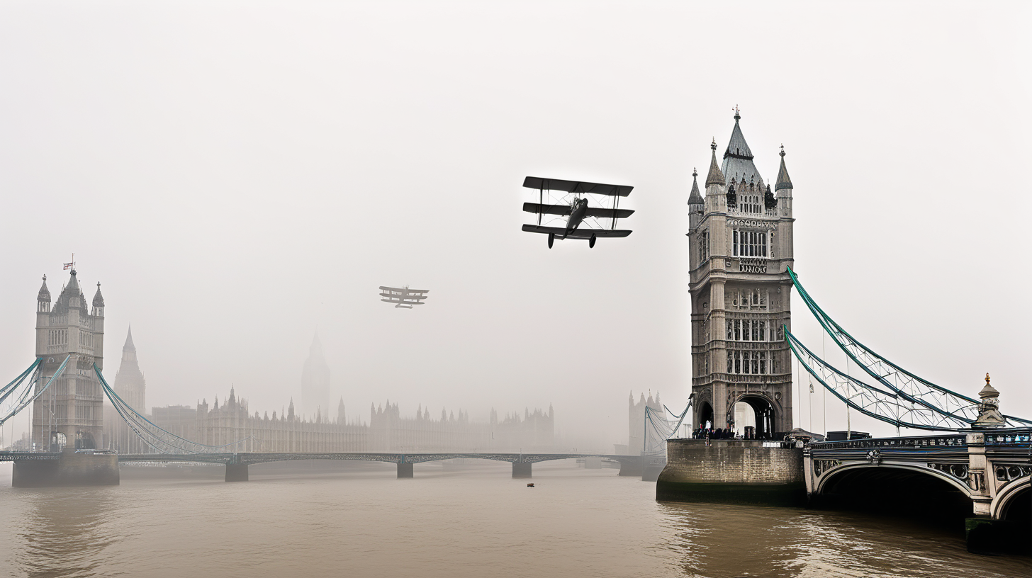 WW1 planes flying over London bridge shrouded in fog 
