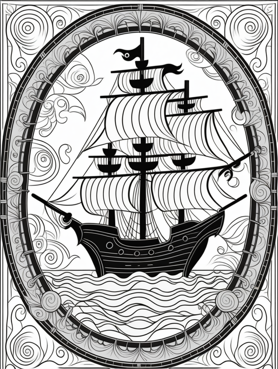 pirate ship inspired mandala pattern, black and white, fit to page, children's coloring book, coloring book page, clean line art, line art, no bleed