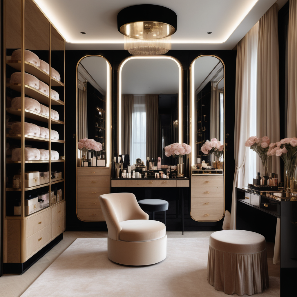 hyperrealistic image of modern Parisian home beauty and dressing room with vanity table with lights and velvet chair, brass shelving with beauty products, floor to ceiling windows, full length mirror, silk dressing gown hanging on the wall, elegant hat boxes, in a beige, oak, brass and black colour palette