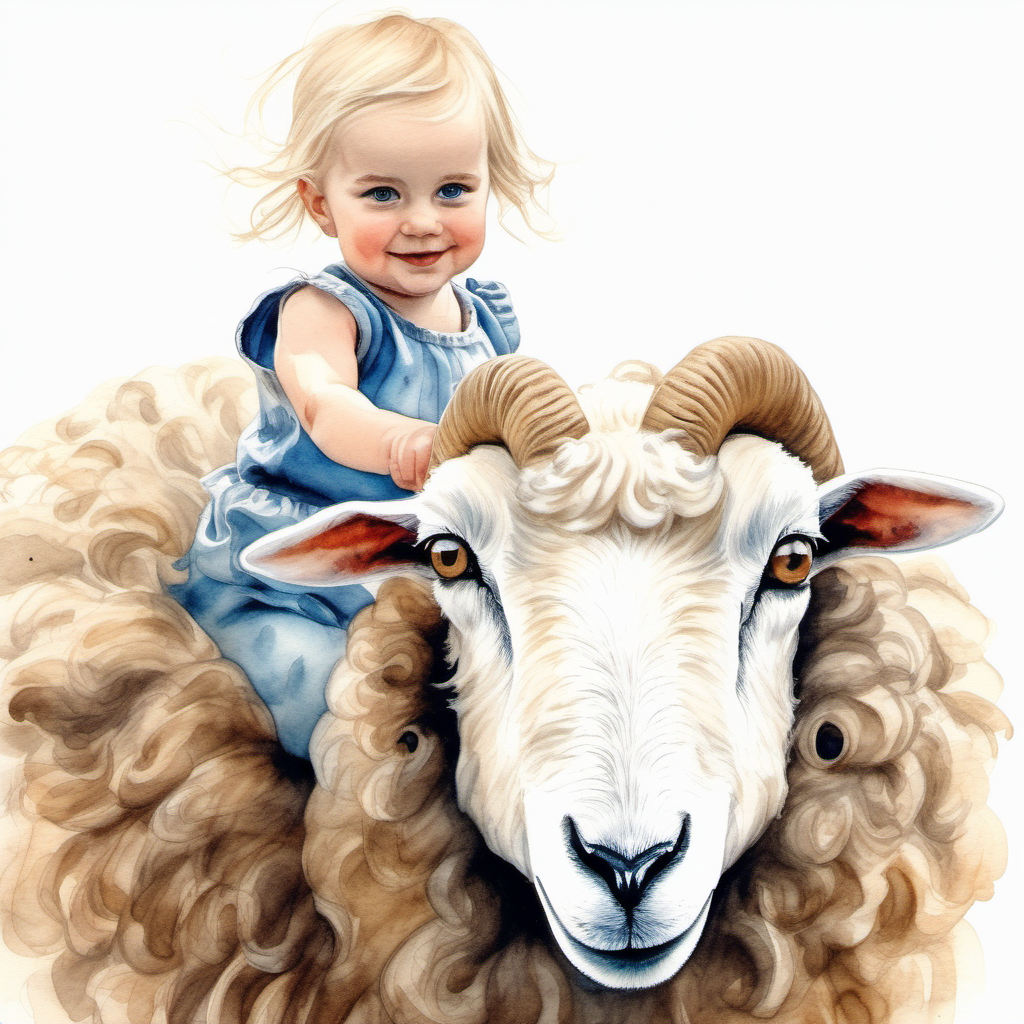 A watercolour painting of beautiful blond blue-eyed baby girl riding on the back of a brown curly horned loghtan sheep
