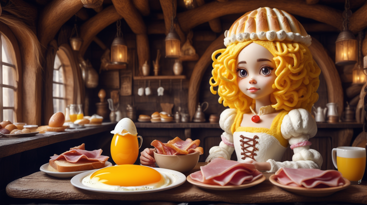 dark fantasy style cute beautiful Princess made of breakfast food in a fantasy style tavern having breakfast. Her body is made of egg yolk and her hair is egg whites. Her clothes are made of ham and buttered toast.