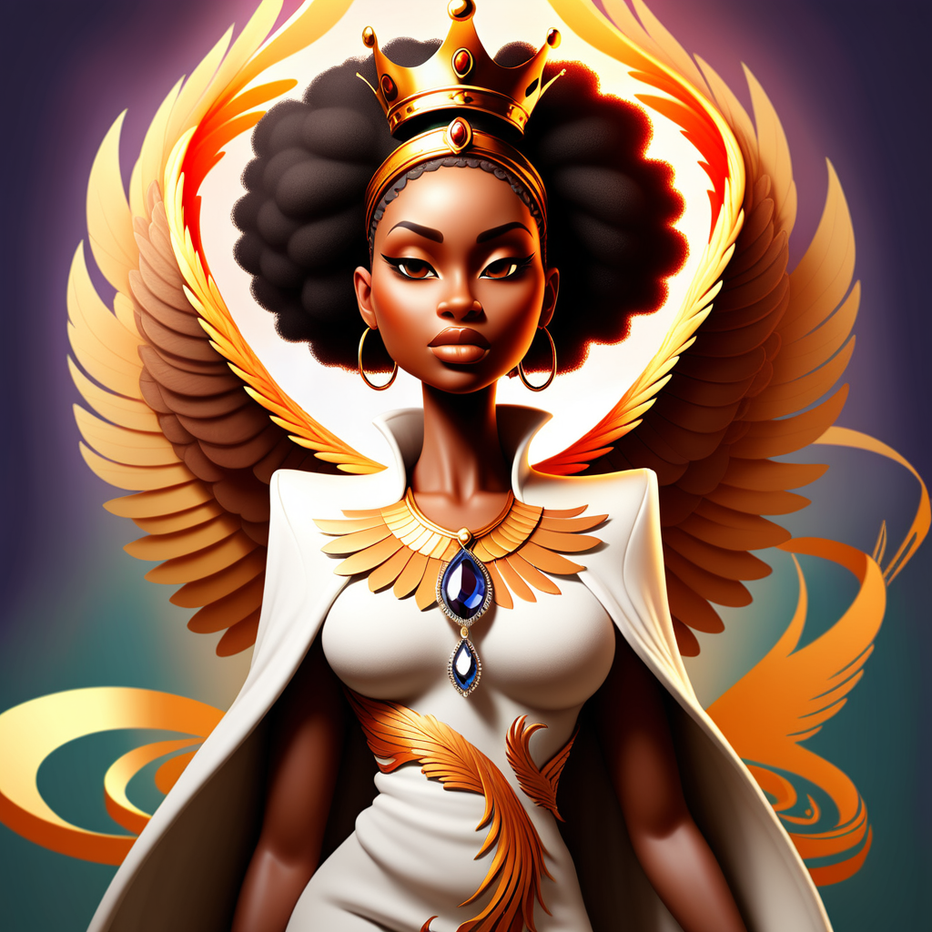 An African American stunning tall  curvy Empowering image of a queen with a phoenix rising from her crown, tagline: "Phoenix Queens: Rising through Healing."