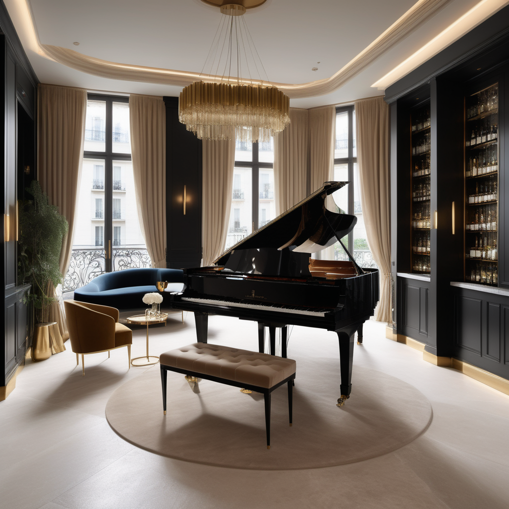 hyperrealistic of an elegant modern Parisian Music room with a grand piano; a bar with floor to ceiling wall of drinks and glasses; floor to ceiling windows ; curtains; at night; mood lighting;  Limestone flooring; beige, oak, brass and accents of black colour palette; modern brass pendant light
