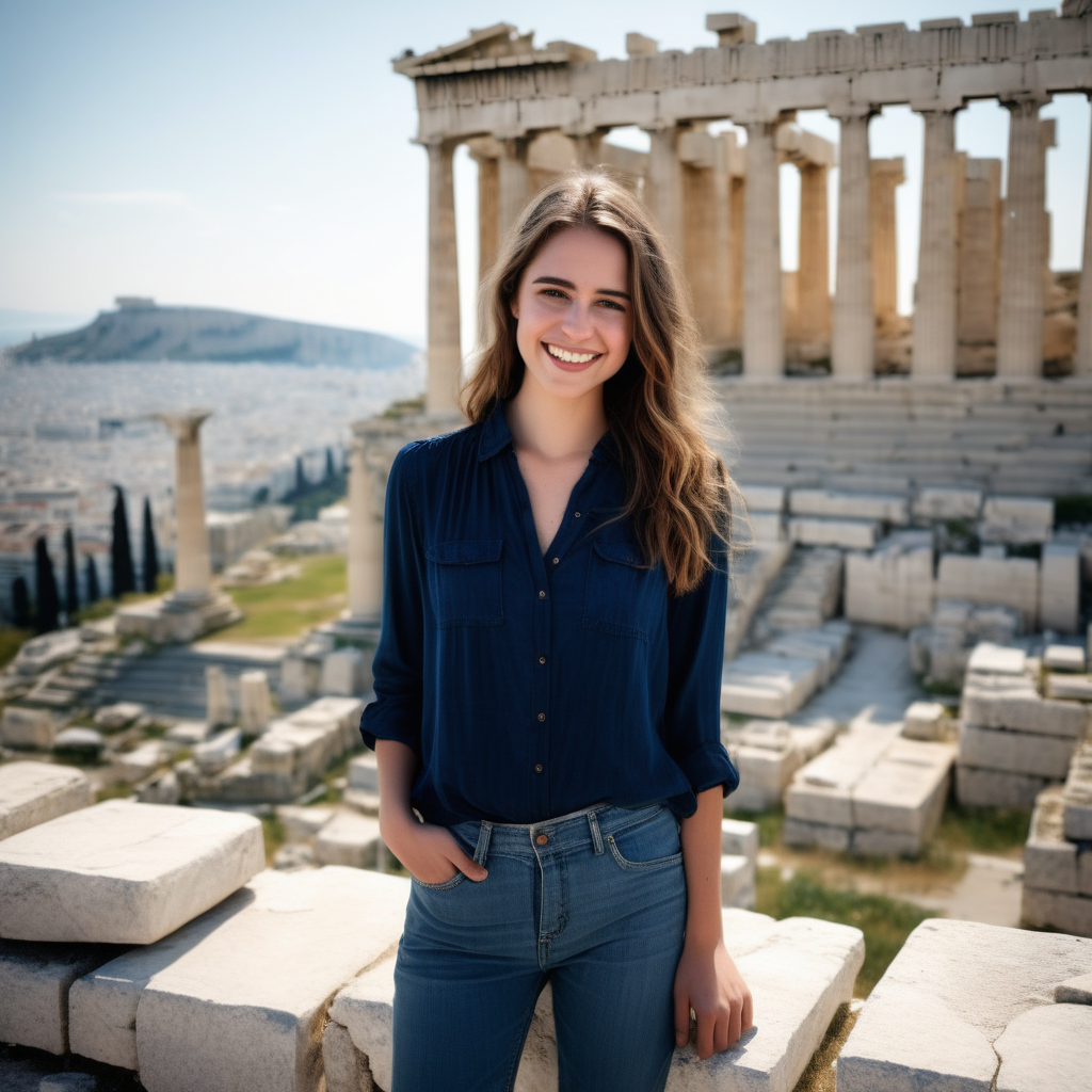 Using the same setting and attire, produce a smiling Emily Feld dressed in a long, dark blue blouse and jeans,  standing on the Acropolis in front of the Parthenon
